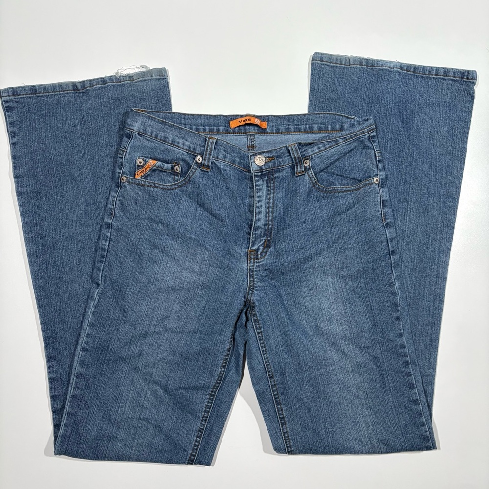 Y2K Vibe Jeans Size 7/8 - Mid Rise Bootcut with Orange Logo Detail
